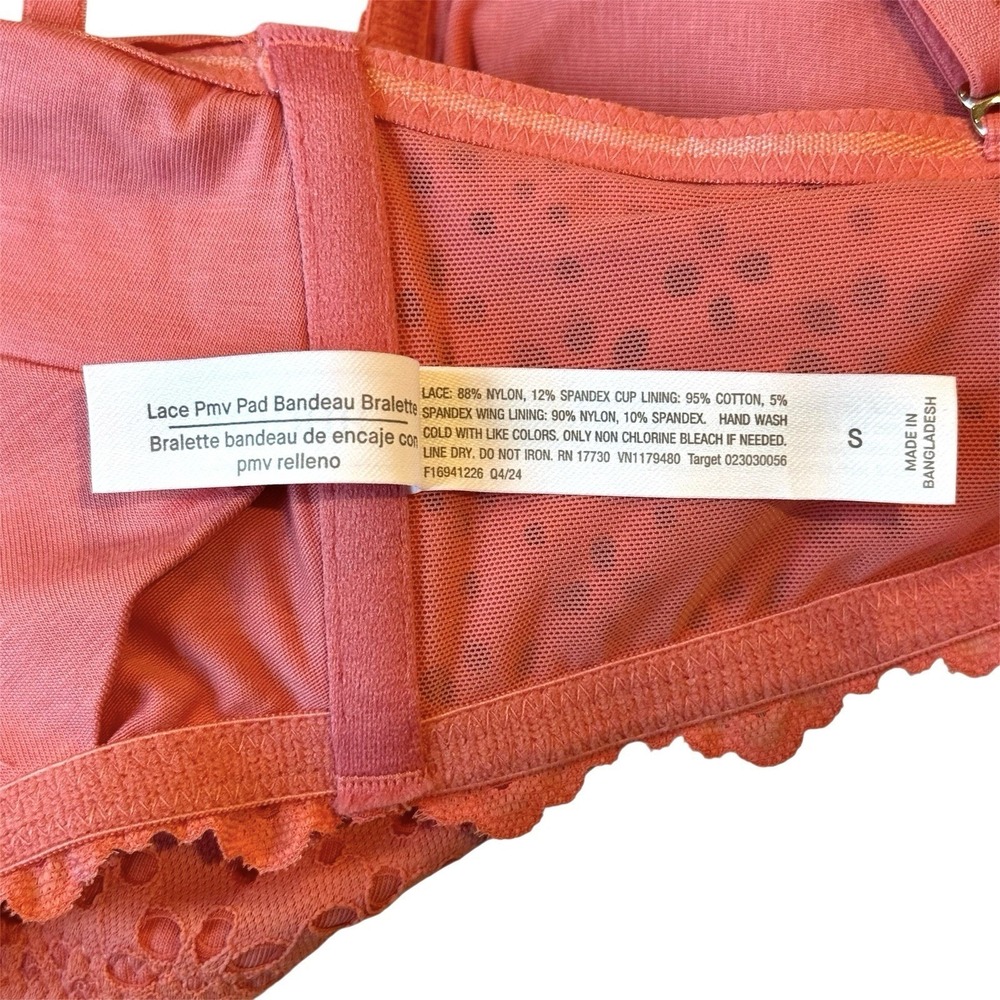 Auden Womens Lace Removable Pad Bandeau Bralette Coral Pink‎ Floral Eyelet Small - Picture 4 of 6